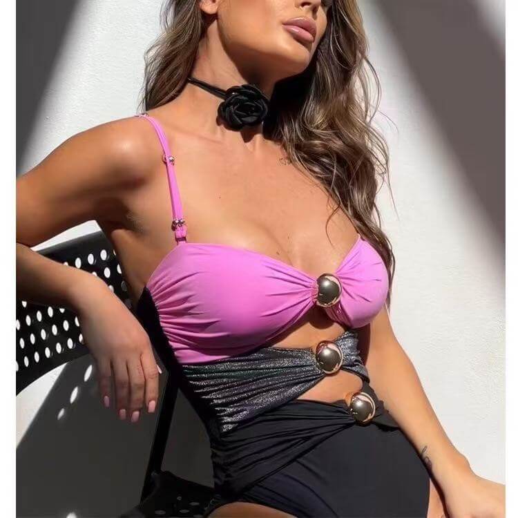 Color Block Cutout One-Piece Swimsuit & Draped Sarong Set