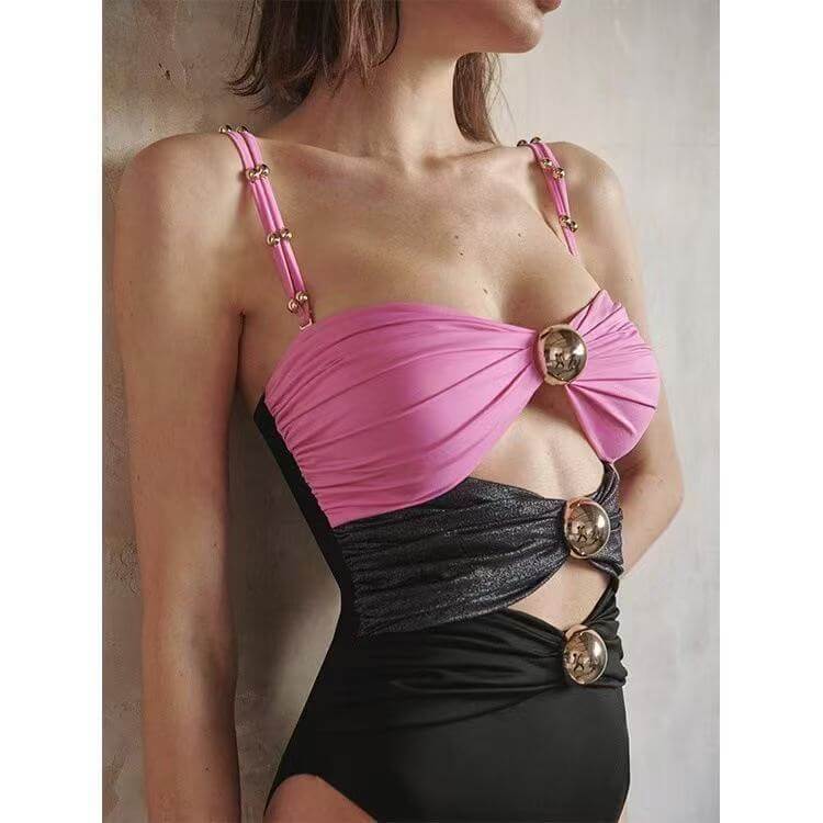 Color Block Cutout One-Piece Swimsuit & Draped Sarong Set