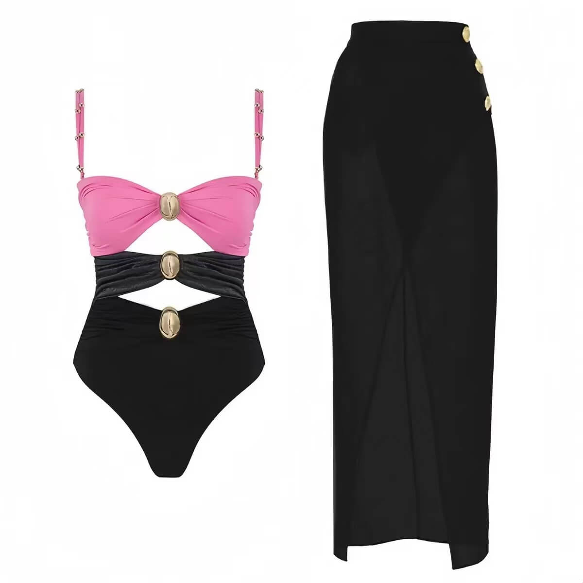 Color Block Cutout One-Piece Swimsuit & Draped Sarong Set