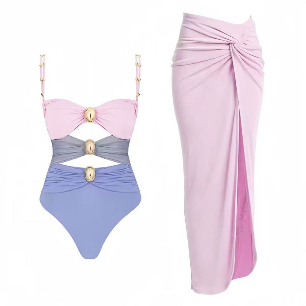 Color Block Cutout One-Piece Swimsuit & Draped Sarong Set