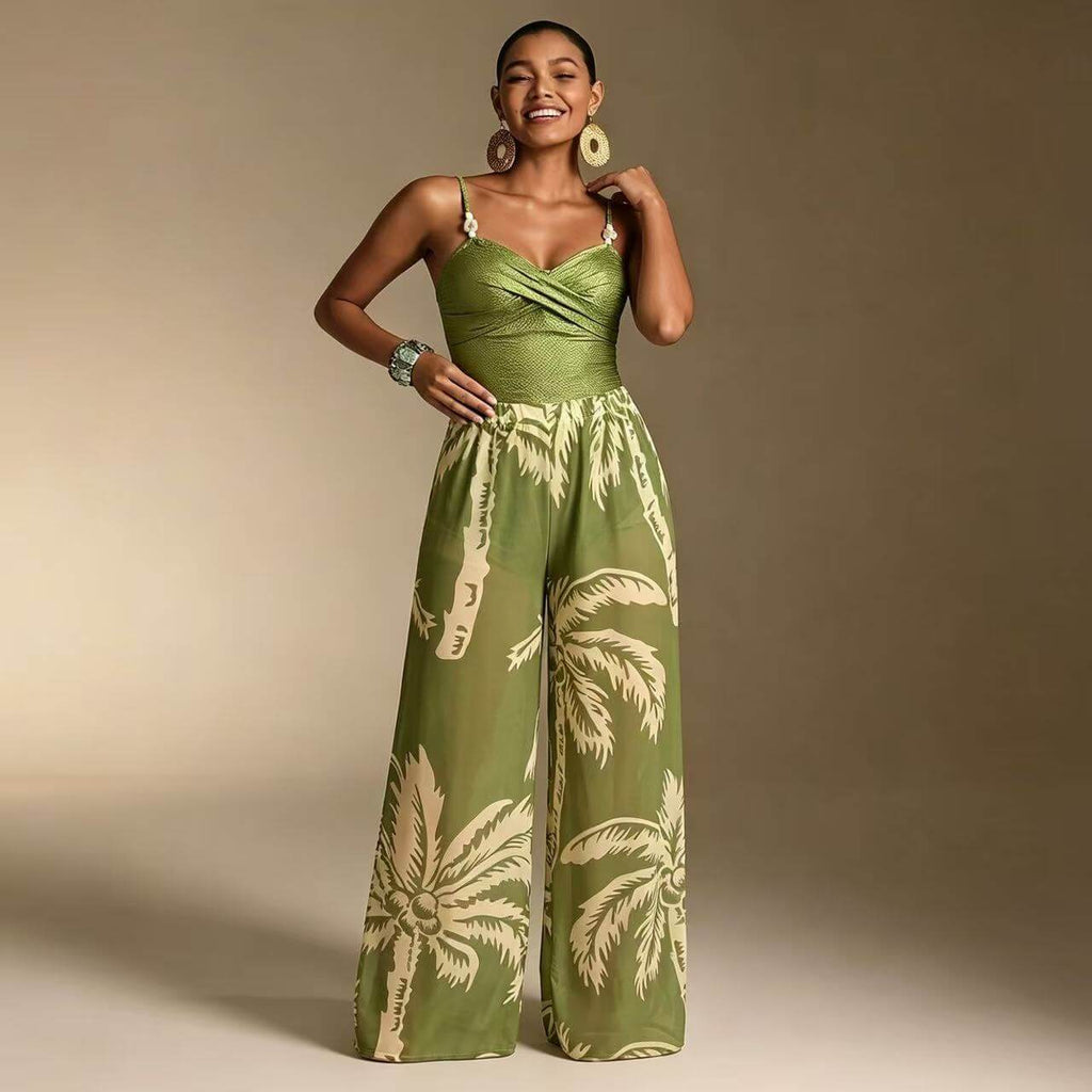 Green Tropical Print One Piece Swimsuit & Wide Leg Pants Resort Set