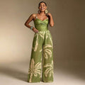 Green Tropical Print One Piece Swimsuit & Wide Leg Pants Resort Set