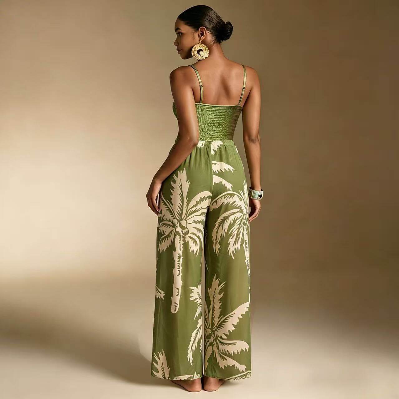 Green Tropical Print One Piece Swimsuit & Wide Leg Pants Resort Set