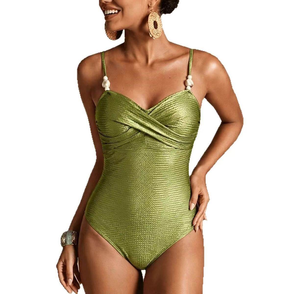 Green Tropical Print One Piece Swimsuit & Wide Leg Pants Resort Set