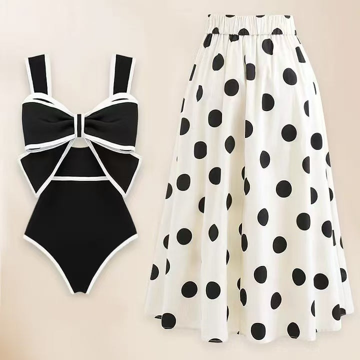 Vintage Polka Dot One Piece Swimsuit & Matching Sarong Skirt Set