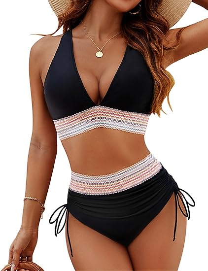 Black Bikini Top with Colorful Striped Trim, Supportive Swim Top